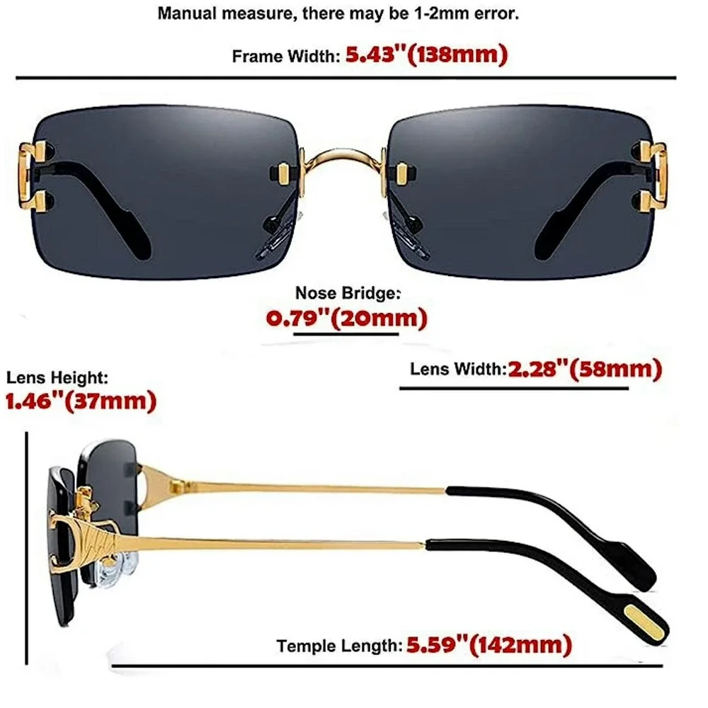 Rimless Rectangle Sunglasses Gold Frame Green Lens Fashion Shades Men Street New